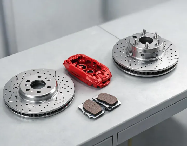 Wagner brake rotor, caliper and pad set on a clean workshop bench